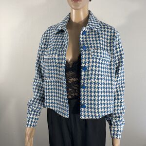 Anthropologie Dolan Left Coast Cropped Jacket Women XS Blue Houndstooth Print